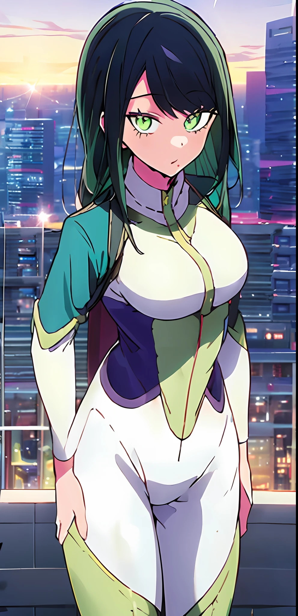 1girl, solo, my hero academia hero suit , bangs,happy,posing, multicolored hair, (masterpiece:1.2), highres, best quality, 8k, sunset city background, green hero suit, white gloves, super hero tight suit