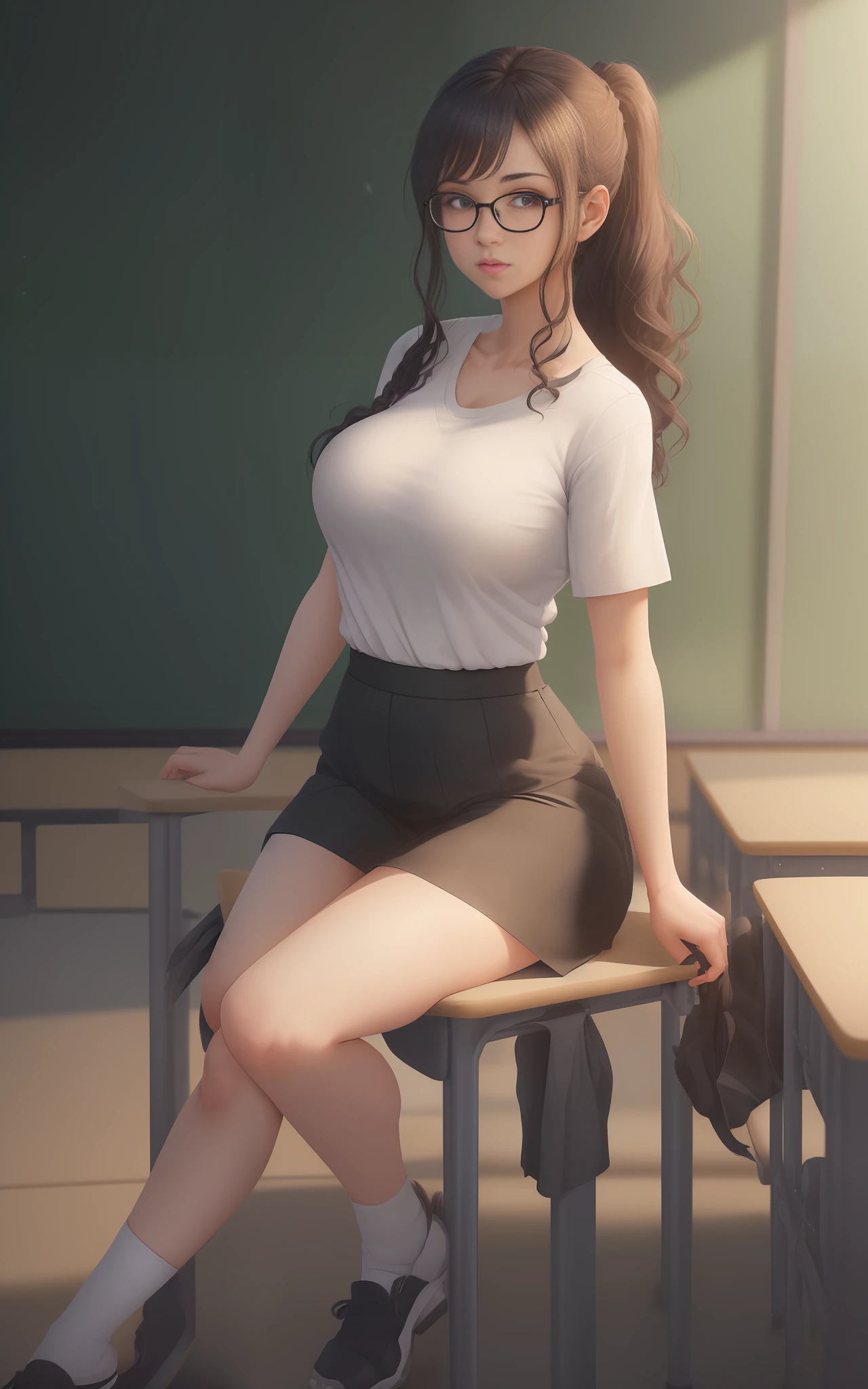 ((1woman/teacher's outfit/eyeglasses/huge breasts/white T-shirt/short black shorts/long curly hair up to the knee/standing/legs open/holding chalk/arms above chest/pose, Unreal Engine 5, Anime Style, Masterpiece, Max Resolution/Sharpness/Quality/Detail, ((in front of the blackboard with her hand pointed at him, inside a classroom with several students seated)).