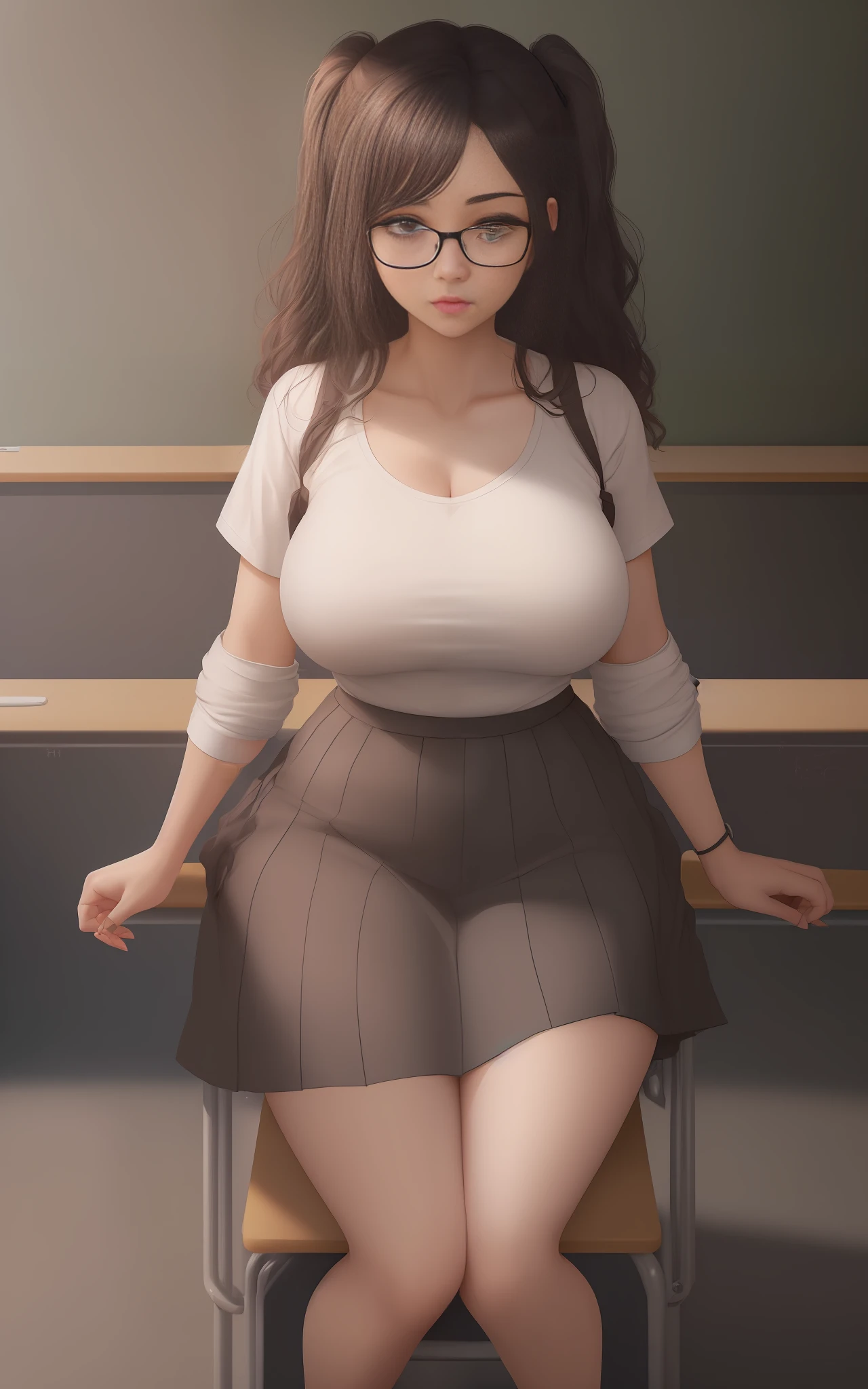 ((1woman/teacher's outfit/eyeglasses/huge breasts/white T-shirt/short black shorts/long curly hair up to the knee/standing/legs open/holding chalk/arms above chest/pose, Unreal Engine 5, Anime Style, Masterpiece, Max Resolution/Sharpness/Quality/Detail, ((in front of the blackboard with her hand pointed at him, inside a classroom with several students seated)).