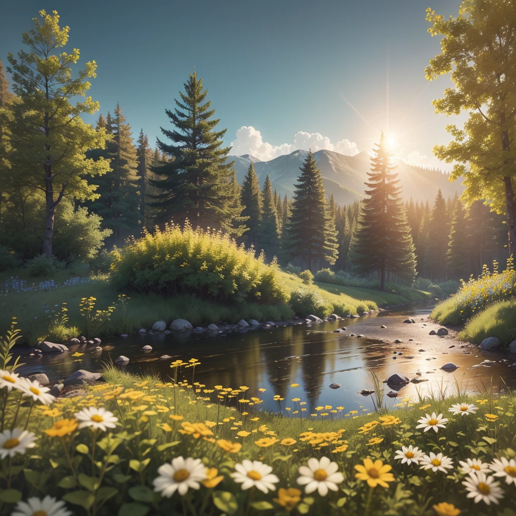 Sunny outdoors, forest, shrubs, close-up by a stream, a square honey bottle, meadow, flowers; Realistic rendering, Octane rendering, photorealistic rendering --v 6