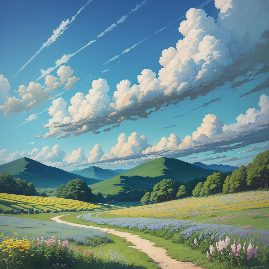 Realistic, real, beautiful and stunning landscape oil painting Studio Ghibli Hayao Miyazaki Petals Grassland Blue Sky Grassland Country Road--v6