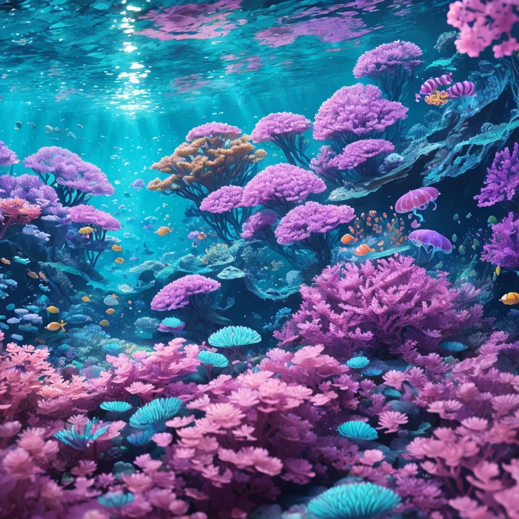 ((perspective)) microscopic world, vista, underwater fantasy,((masterpiece)), best quality, high quality, ((extremely detailed CG unity 8k wallpaper)),(fantasy), complex background, underwater fantasy world, fish school, Glowing jellyfish, colorful, (abyss)), staggered stone platforms in the abyss, glowing undersea plants, 3D digital painting, award winning photography, bokeh, depth of field, HDR, chromatic aberration, photorealistic, extremely detailed, artstation Trends on CGsociety, Intricate, High Detail, dramatic, art by midjourney, --v 6