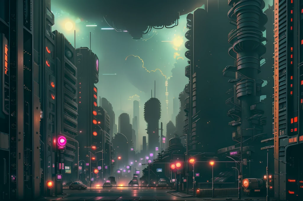 Cyberpunk post-apocalyptic cityscape photos, melancholic vibrant splash punk, Julie Bell and Anna Bojack surreal highly detailed complex photo realistic simulation style photo cinematic lighting --v6