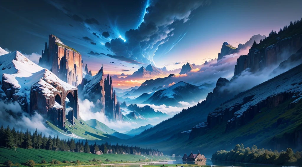 (masterpiece, best quality:1.2), (masterpiece, best quality:1.2), landscape, Aerial perspective view, tropical mountains, landscape indigo accent, Mythoiogy, cinematic,detailed, atmospheric,backlit,epic, cinematic, conpect art, matte painting, beautiful scenery, realistic lighting, masterpiece, high quality, beautiful graphics, high detail, ultra detailed, cinematic lighting, HDR, ilustration,--v6, dutch angle