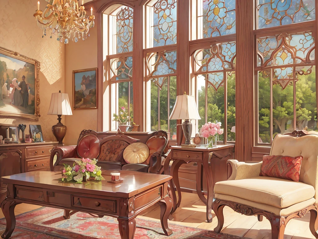 English gorgeous style, a soft bed, a coffee table, bedside tables, vases, hanging paintings, dressers, square glass windows, wooden furniture, wardrobes, intricate carvings, and oil paintings. Warm colors, award-winning masterpieces with incredible detail, large windows --v 6