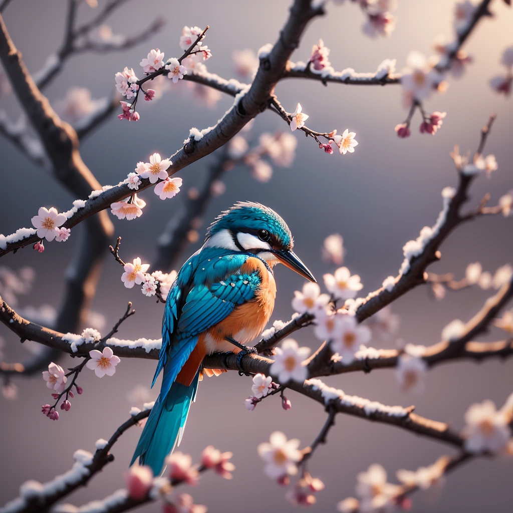 Superb Kingfisher Near White Cherry Blossoms on Branches, Dark, Dawn, (Cold Morning: 1.1), (Morning Dew: 1.15), Realistic Photography, (Low Photo: 1.2), Detail, 8K, Intricate Folded Feathers, Water Droplets on Feathers, (to8contrast style), (MIST: 0.7), Bright Colors, Sony a6600 Mirrorless Camera, embellish2 --v 6 --auto