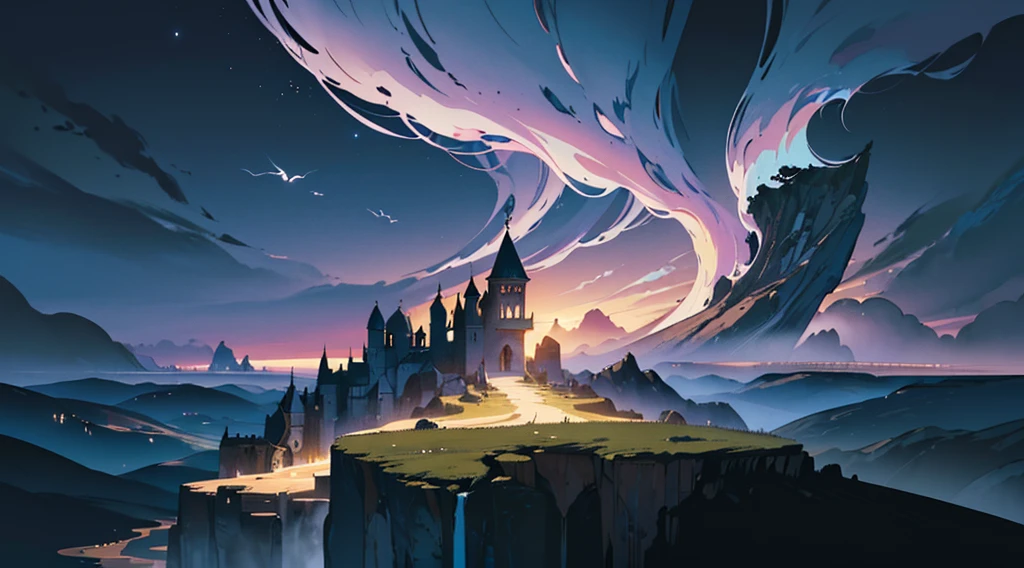 (Ultra detailed), (masterpiece), (best quality), (very detailed CG unit 8k wallpaper), (((extremely wide shot))), ((a medieval explorer)), male, (((in the dark fantasy world)))), other dimension, warped clouds, dark, back view, ((on top of a cliff)), male anatomy, soft light, conceptual, dramatic, cinematic, highly detailed, stylized wallpaper, ((aeria view)) --v6