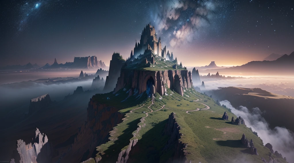 (Ultra detailed), (masterpiece), (best quality), (very detailed CG unit 8k wallpaper), (((extremely wide shot)))), ((a medieval explorer)), male, (((in the dark fantasy world)))), other dimension, warped clouds, dark, back view, ((on top of a cliff)), male anatomy, soft light, conceptual art, dramatic, cinematic, highly detailed, stylized wallpaper, air view --v6