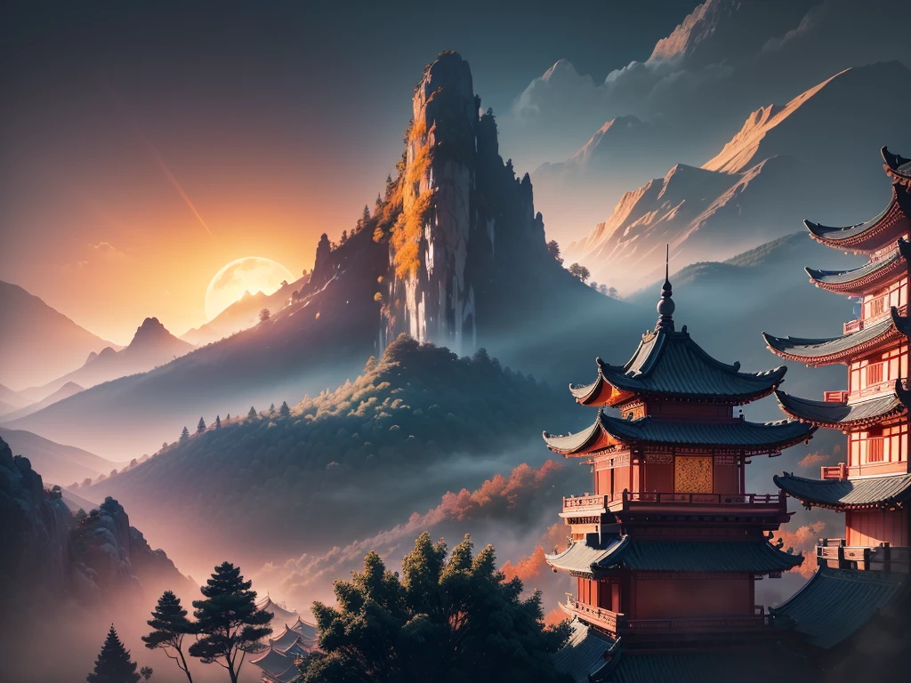 ( ( Top view, high angle view, Focal point composition) ) , Sunset Gradient, moonlit night, halo, beautiful play of shadow, light effects, (Autumn),(many raditional Chinese architecture on a floating island), there are many scattered buildings, waterfall, clouds, group of buildings, sky lanterns, high mountains, soft color, refreshing, beautiful, Chinese landscape painting, cinematic lighting, cinematic lighting, high detail, (close-up), (chiaroscuro),fine facial details,cinematic lighting, (depth of field), extreme details, realistic light, epic composition, (complex details), (super details: 1.2), Art Station, (Masterpiece, Best Quality, Ultra HD, 32k,--v6