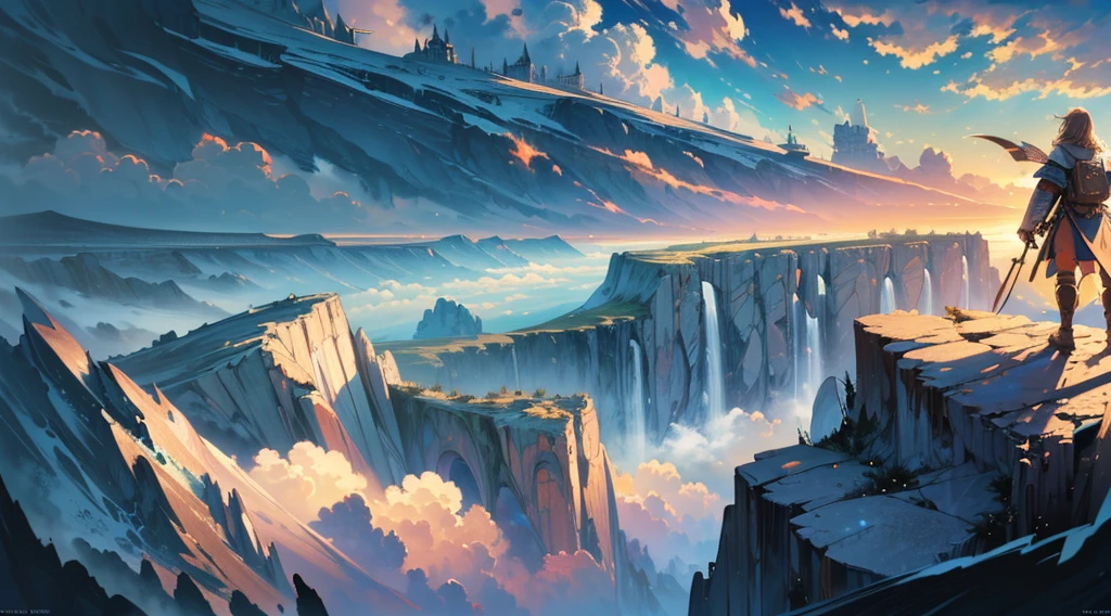 (Ultra detailed), (masterpiece), (best quality), (very detailed CG unit 8k wallpaper), (((extremely wide shot)))), ((a medieval explorer)), male, exploring, warped clouds, back view, ((on top of a cliff)), male anatomy, soft light, conceptual art, dramatic, cinematic, highly detailed, stylized wallpaper, (((air view)) --v6