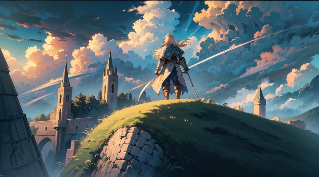 (Ultra detailed), (masterpiece), (best quality), (very detailed CG unit 8k wallpaper), (((extremely wide shot)))), ((a medieval explorer)), male, exploring, deformed clouds, back view, a hill, (((Citadel)), male anatomy, soft light, conceptual art, dramatic, cinematic, highly detailed, stylized wallpaper, (((air view)) --v6