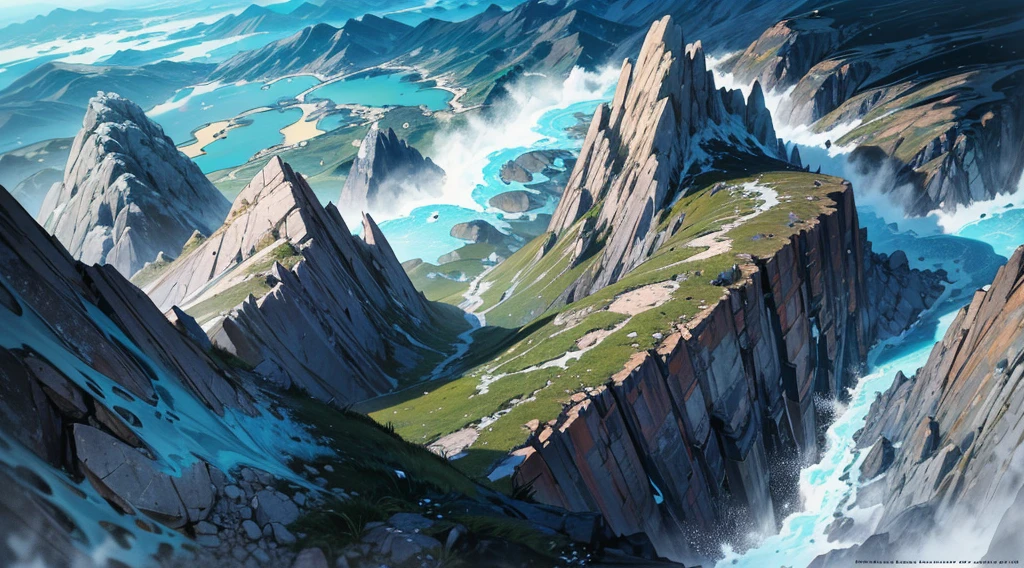 (Ultra detailed), (masterpiece), (best quality), (very detailed CG unit 8k wallpaper), (((extremely wide shot)))), ((a medieval explorer)), male, In the vast mountainous lands of a medieval kingdom, a brave explorer ventures through the rugged peaks in search of new discoveries. Wearing a sturdy cloak of thick wool and a sturdy leather hat, he is prepared to brave the elements. His face is adorned by a thick beard that merges with the rough and imposing environment around him. Pure, fresh air cuts through his skin as he climbs stone walls and trails narrow paths, warped clouds, male anatomy, soft light, conceptual, dramatic, cinematic, highly detailed, stylized wallpaper, ((aerial view)) --v6