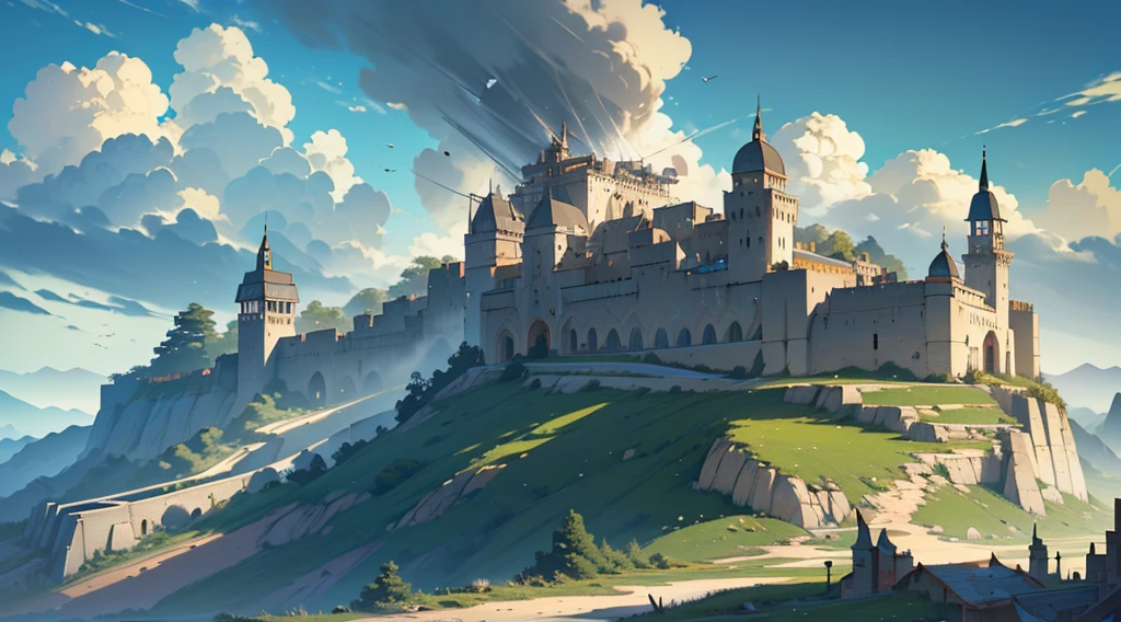 (Ultra detailed), (masterpiece), (best quality), (very detailed CG unit 8k wallpaper), (((extremely wide shot)))), ((a medieval explorer)), male, exploring, deformed clouds, back view, a hill, (((Citadel)), male anatomy, soft light, conceptual art, dramatic, cinematic, highly detailed, stylized wallpaper, (((air view)) --v6