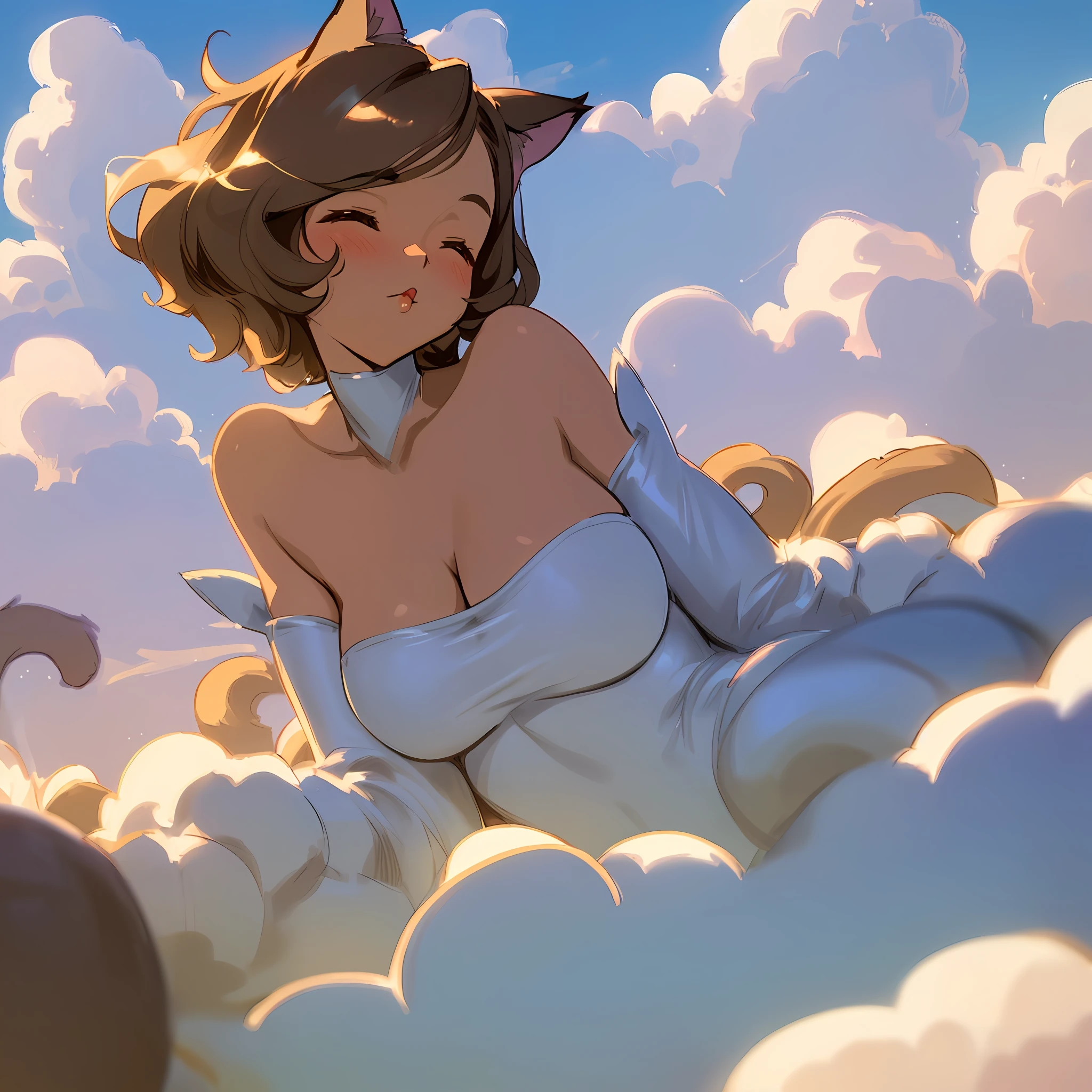 "Dreamy clouds surround a Catwoman, lying on her back with closed eyes. A magical mist of clouds playfully peek out, big tits,  covering her breasts and With cute cat ears and a furry tail, she has light brown skin that contrasts perfectly with the evening sky. Let the imagination fill in the rest."