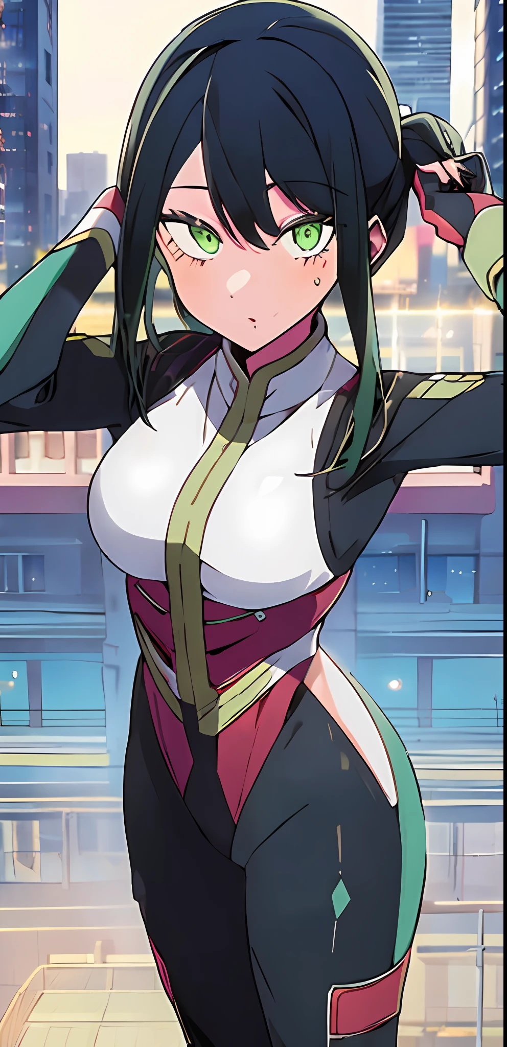 1girl, solo, my hero academia hero suit , bangs,happy,posing, multicolored hair, (masterpiece:1.2), highres, best quality, 8k, sunset city background, green hero suit, white gloves, super hero tight suit