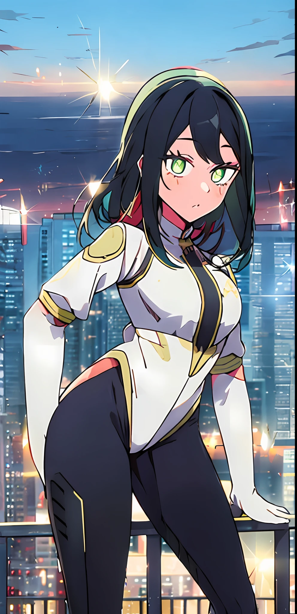 1girl, solo, my hero academia hero suit , bangs,happy,posing, multicolored hair, (masterpiece:1.2), highres, best quality, 8k, sunset city background, green hero suit, white gloves, super hero tight suit