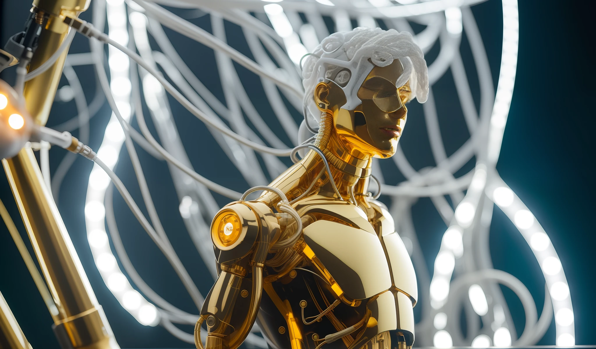 Man, Gold Flows Oil From Wires Cyborg Man | With Visible Detailed Brain | muscle wires | Biopunk | Cybernetic | Cyberpunk | white marble bust | Canon M50 | 100 mm | Sharp Focus | Smooth | Hyperrealism | Very detailed | Complex Details | carved by Michelangelo