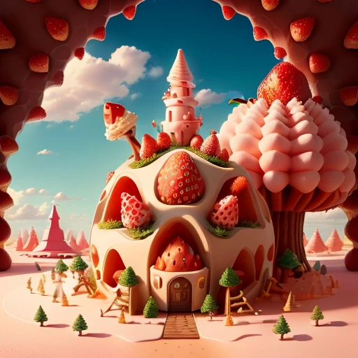 anthill with cute upside down dripping strawberry ice cream cone with cherry with an entrance for ants