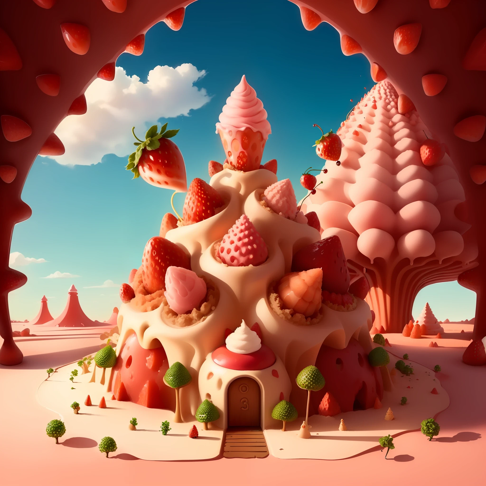 anthill with cute upside down dripping strawberry ice cream cone with cherry with an entrance for ants