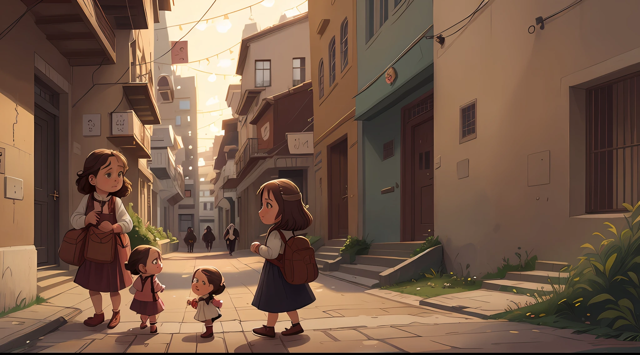 Poor mother Maria and her daughter Ana walk through the streets of the city, watching people pass by without paying them any attention.
