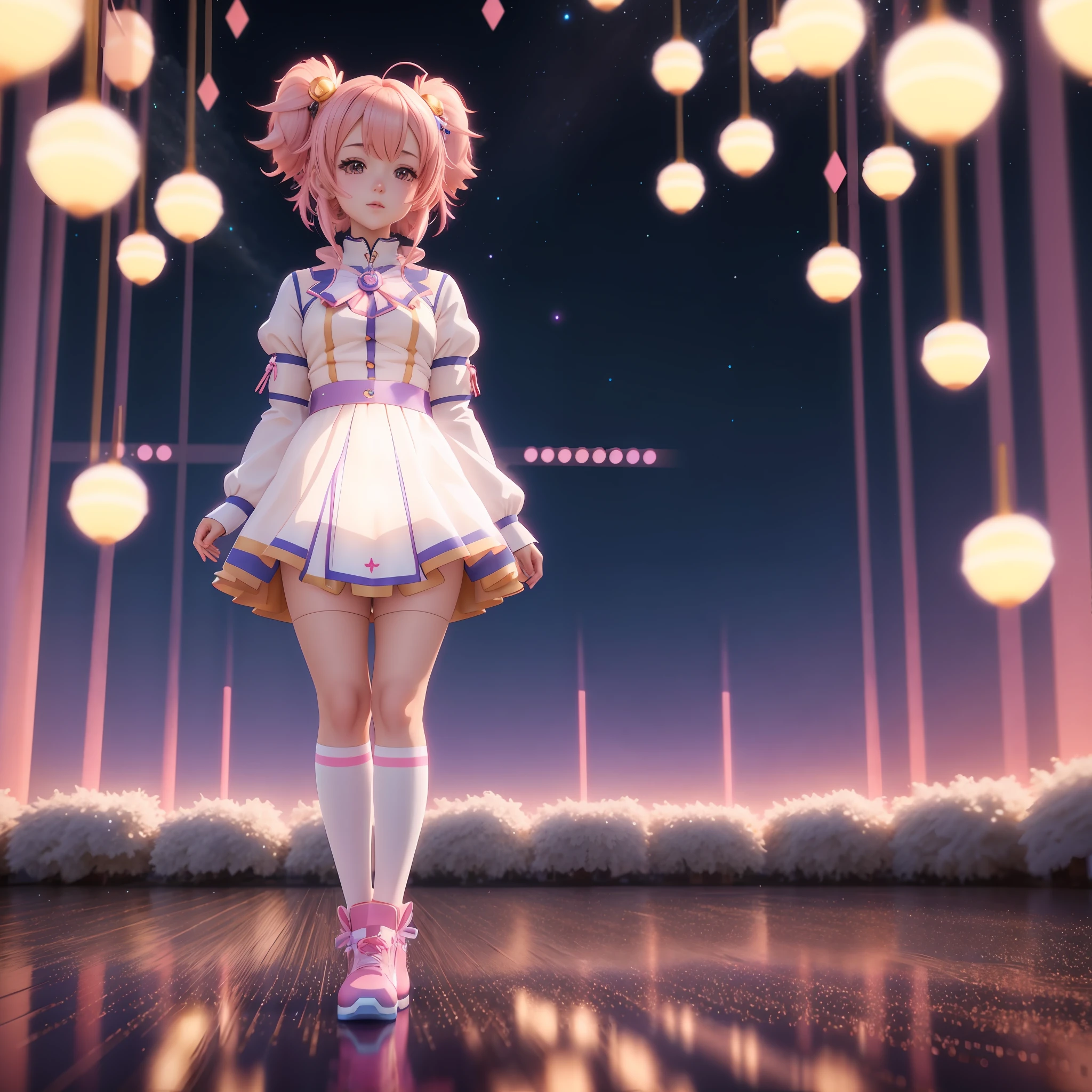 anime girl in a short dress standing in front of a stage, render of a cute 3d anime girl, anime styled 3d, stylized anime, anime lighting, 3d anime girl, anime style. 8k, anime stylized, cute 3 d render, anime. soft lighting, best anime 4k konachan wallpaper, portrait of magical girl