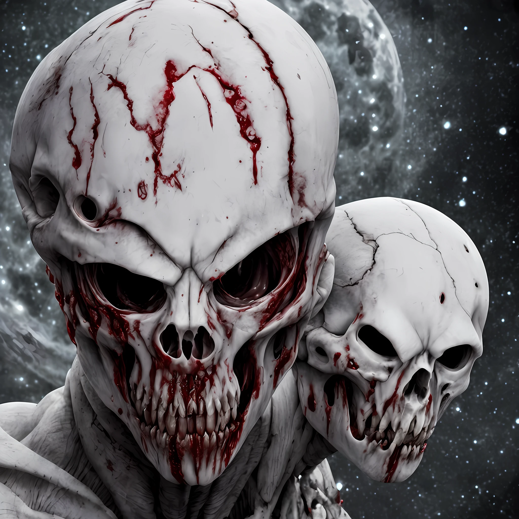 Bloody Moon. Humanoid with white skin, long arms, absence of eyes, macabre teeth. Dark. Bloody. Realistic, darkness, fear. Blood. White skin. Bloody Moon