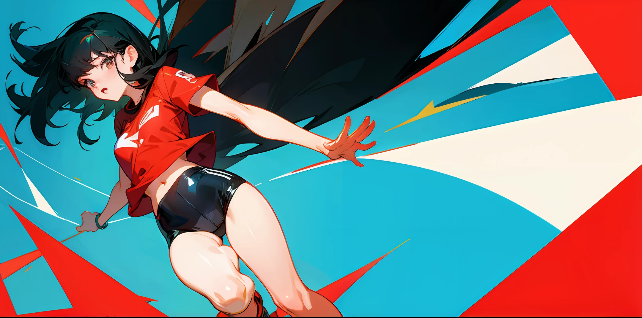 Open legs, illustration, black hair, looking at the camera