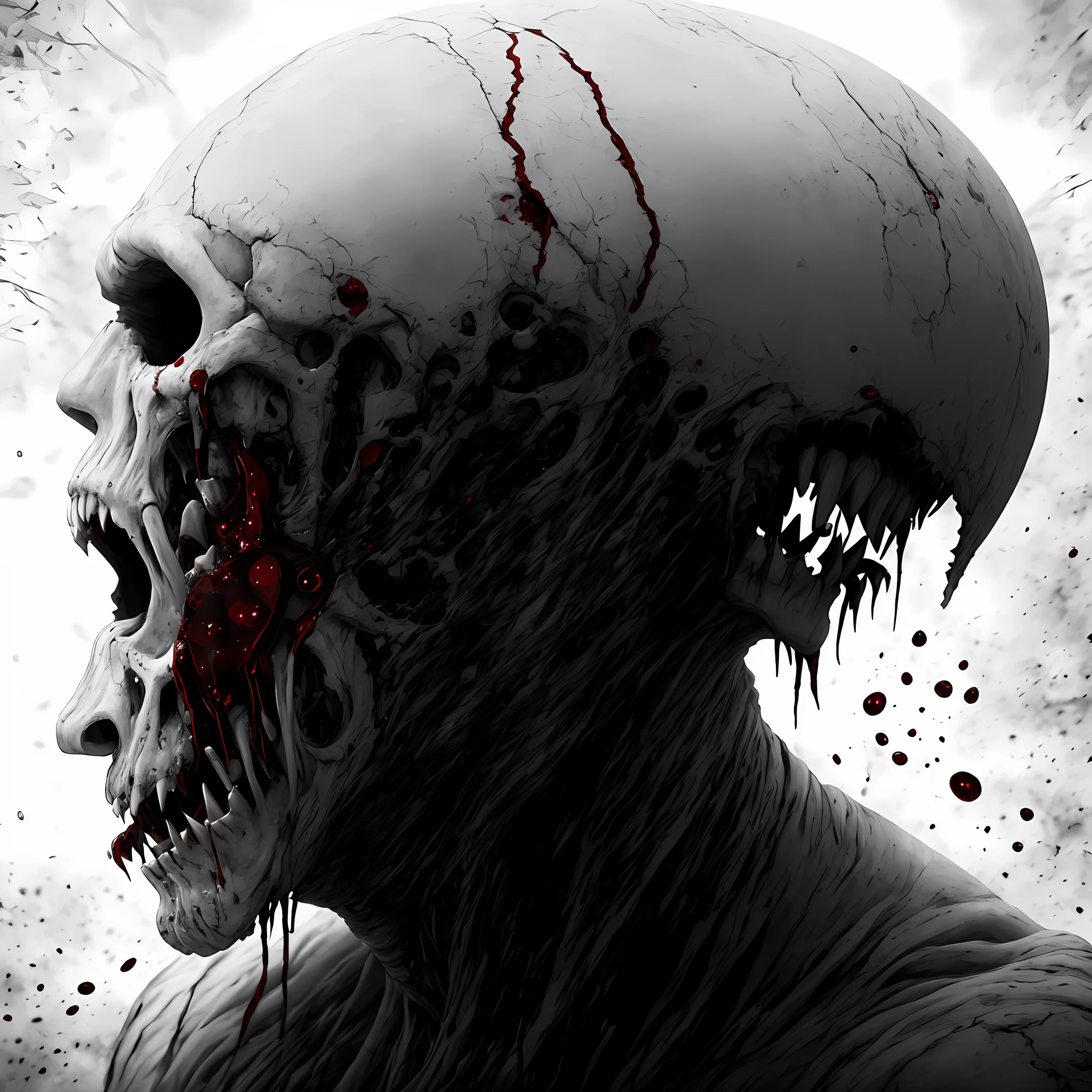 Bloody Moon. Humanoid with white skin, long arms, absence of eyes, macabre teeth. Dark. Bloody. Realistic, darkness, fear. Blood. White skin. Bloody Moon