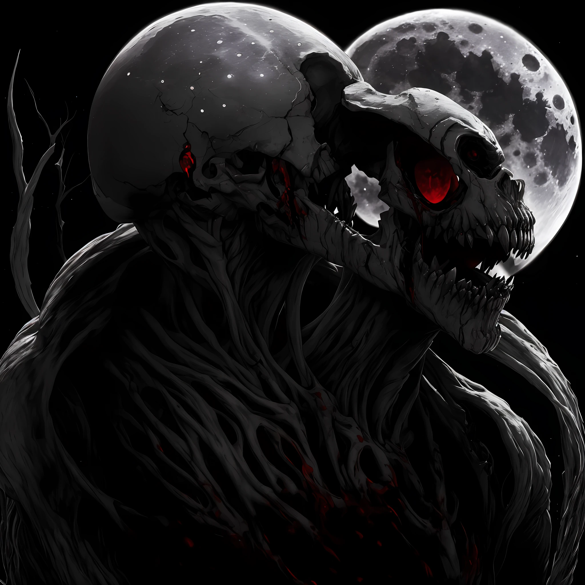 Bloody Moon. Humanoid with white skin, long arms, absence of eyes, macabre teeth. Dark. Bloody. Realistic, darkness, fear. Blood. White skin. Bloody Moon