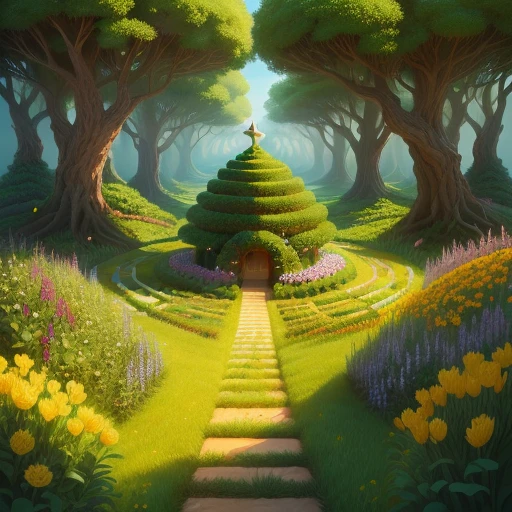 anthill representing a labyrinth, vegetation and flowers visible, cartoon style -upscale -