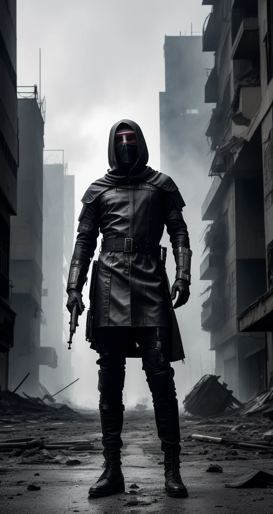 (male: 1.2), Medical Soldier of the Black Death Cyberpunk sci-fy, realistic, dystopian dark future, many weapons, torn black leather clothes, devastated city, smoke, rubble of a devastated city, in a dystopian future, shades of gray and debris, conveying the feeling of desolation and hopelessness, high quality, grain of film, Fujifilm XT3