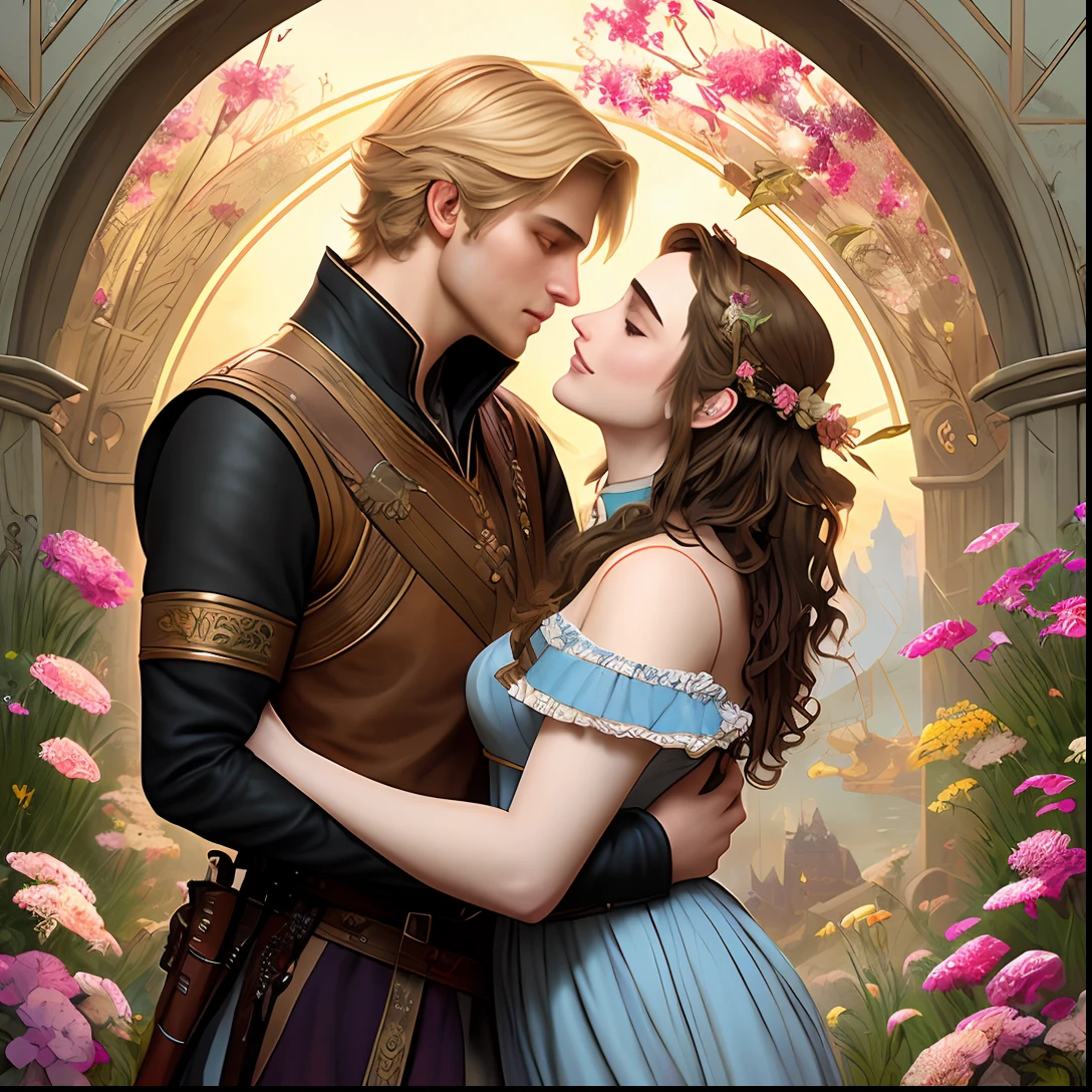 The man Neels Visser prince who has golden blonde hair, wearing a medieval prince outfit and the woman Lily Collins, with curly black hair wearing a red plebeian dress, kissing, the illustration is detailed, soft and bright, scenery full of flowers, art by Greg Hildebrandt, Citemer Liu, Stjepan Sejic, Samyang, Aykut Aydogdu, Justin Gerard, Alphonse Mucha,  Artgerm, WLOP and Greg Rutkowski