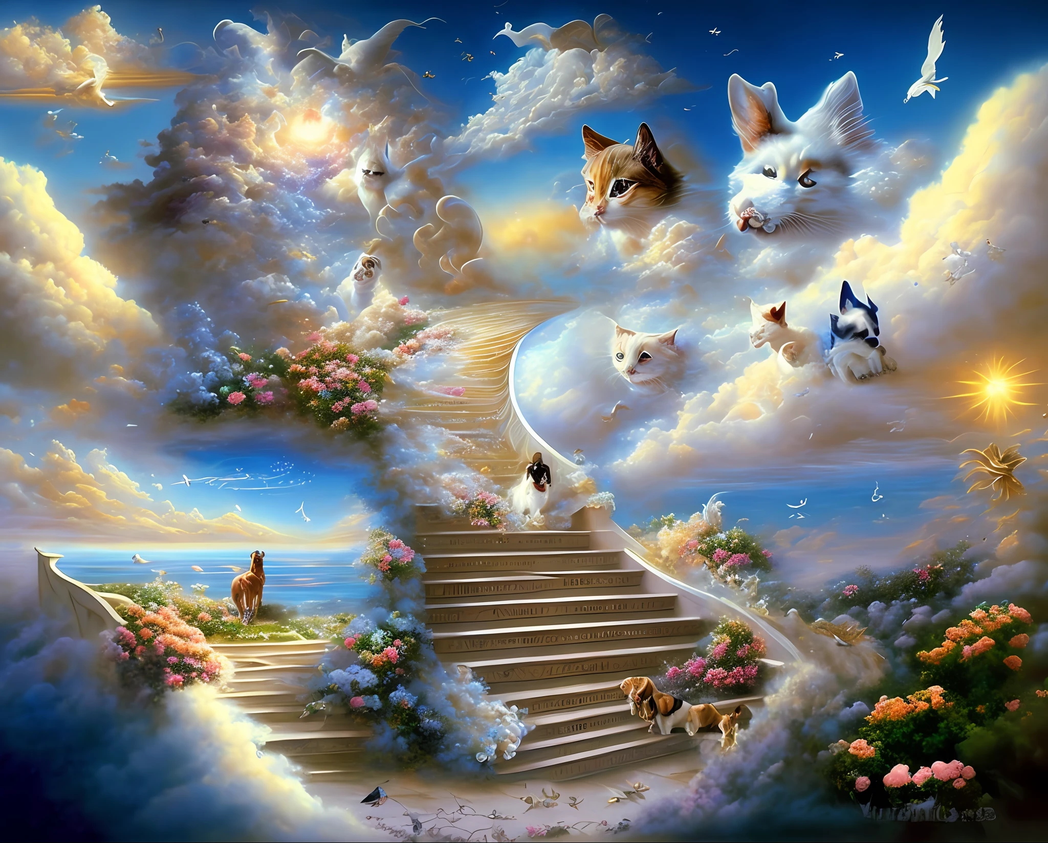 A beautiful painting of a staircase with flowers leading to the sky, in the clouds has many dogs and cats all of them with an angel halo on their heads, surrealist painting, ladder to heaven, illuminated path to heaven, dogs and cats, (sky of dogs and cats as angels:0,8), sky of animals, Jim Warren,  surreal painting, beautiful artwork, surreal art, surreal fantasy, surrealism, masterpiece, artwork painted by Jim Warren, panoramic camera, cinematic lighting.