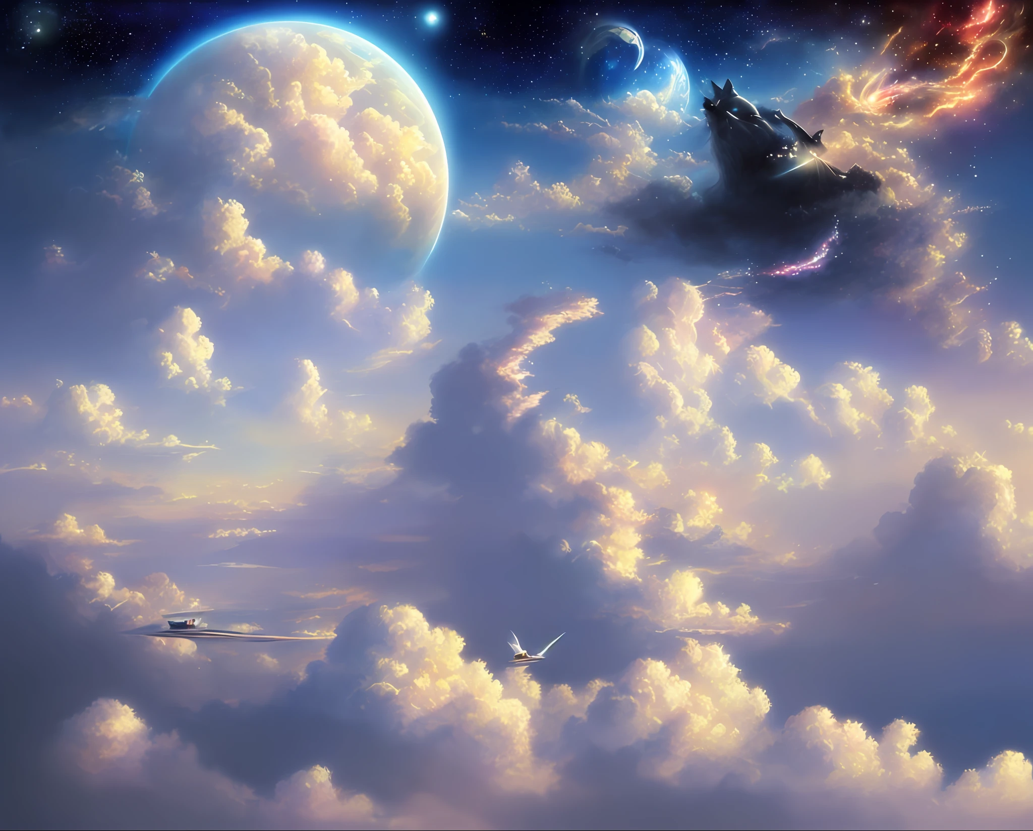 a beautiful painting of a staircase with flowers leading to the sky, ((in the clouds has many faces of pets)), surrealist painting, staircase to heaven, illuminated path to heaven, various cats and dogs, sky of pets, sky of animals, jim warren, surreal painting, beautiful work of art, surreal art, surreal fantasy, surrealism, masterpiece, artwork painted by Jim Warren, panoramic camera, cinematic lighting.