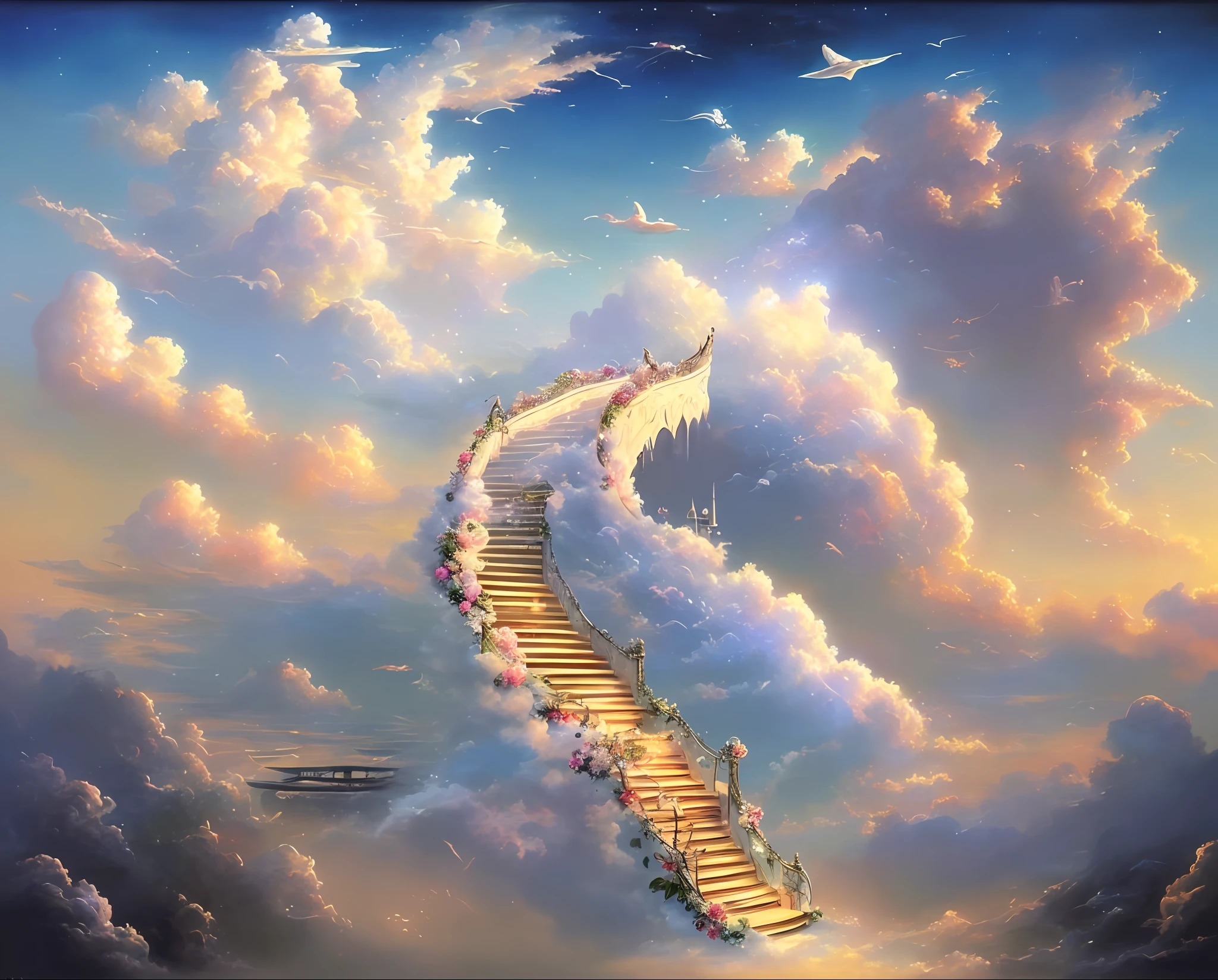 a beautiful painting of a staircase with flowers leading to the sky, ((in the clouds has many faces of pets)), surrealist painting, staircase to heaven, illuminated path to heaven, various cats and dogs, sky of pets, sky of animals, jim warren, surreal painting, beautiful work of art, surreal art, surreal fantasy, surrealism, masterpiece, artwork painted by Jim Warren,  panoramic camera, cinematic lighting.