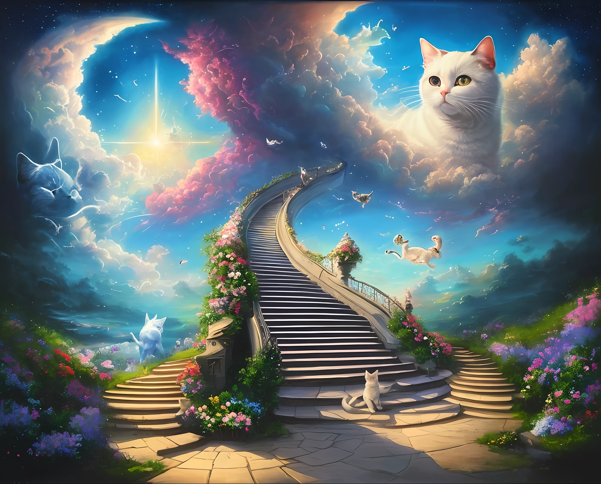 a beautiful painting of a staircase with flowers leading to the sky, ((several faces of pets in the sky)), surrealist painting, staircase to heaven, illuminated path to heaven, various cats and dogs, pet sky, animal sky, jim warren, surreal painting, beautiful artwork, surreal art, surreal fantasy, surrealism, masterpiece, artwork painted by Jim Warren,  panoramic camera, cinematic lighting.