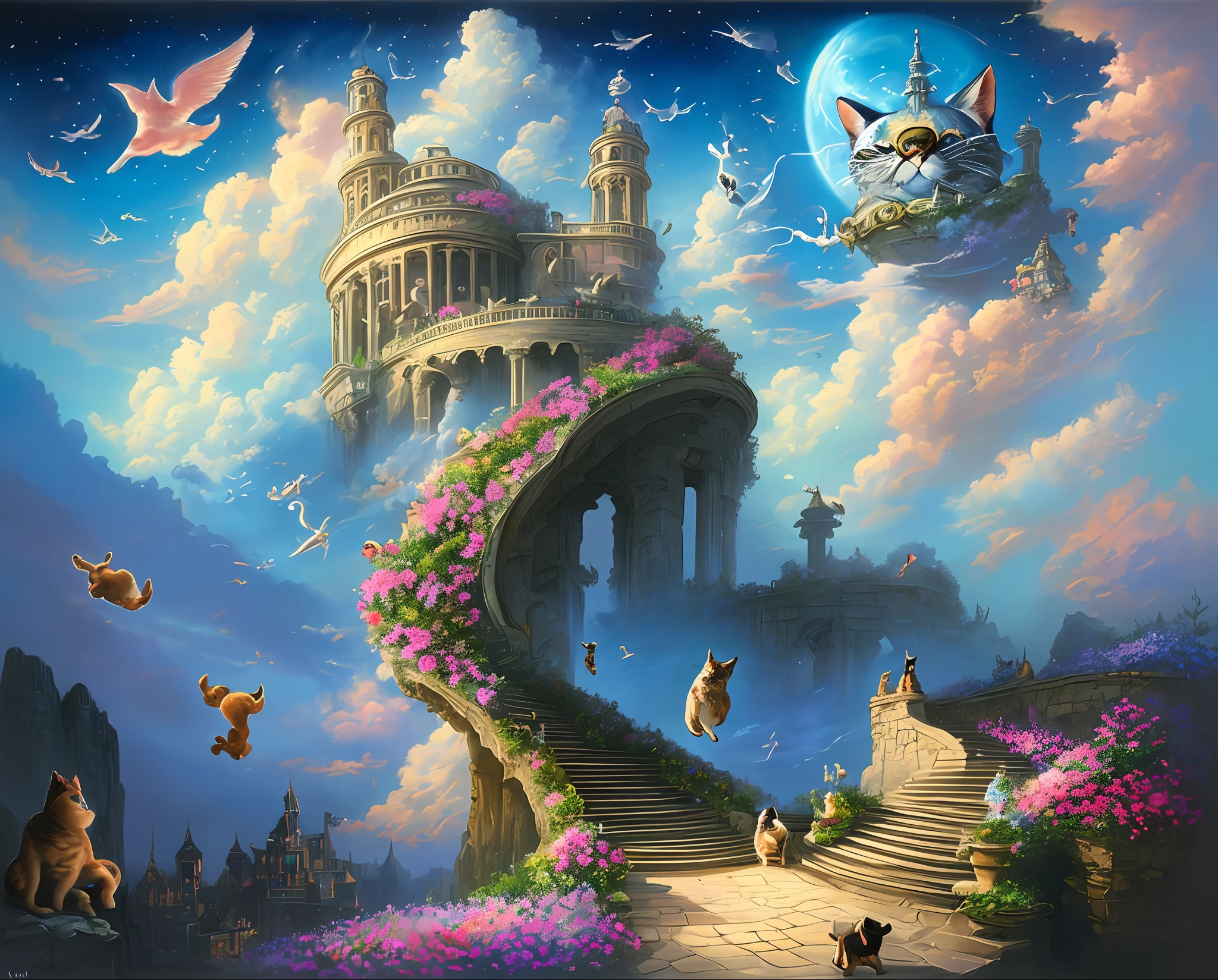 a beautiful painting of a staircase with flowers leading to the sky, ((several faces of cute pets in the sky)), surrealist painting, staircase to heaven, illuminated path to heaven, various cats and dogs, pet sky, animal sky, jim warren, surreal painting, beautiful artwork, surreal art, surreal fantasy, surrealism, masterpiece, artwork painted by Jim Warren,  panoramic camera, cinematic lighting.