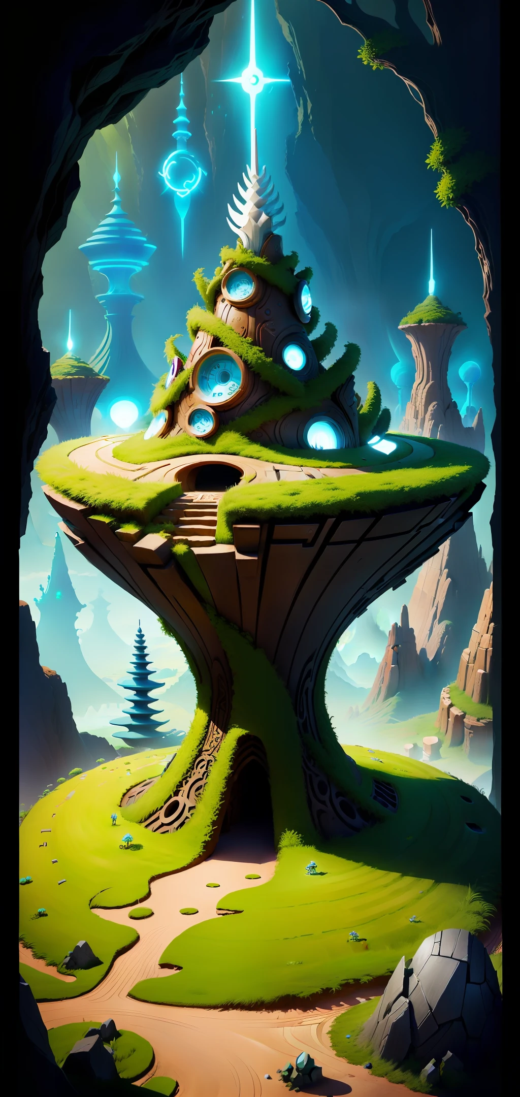 Futuristic anthill in the shape of a labyrinth, fantasy cartoon style, hd