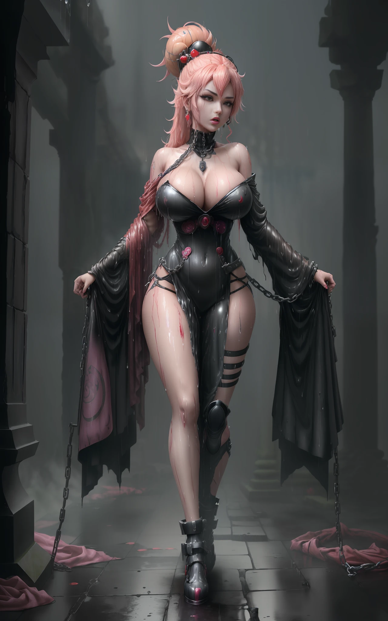((1Princess Peach/cybernetic suit/Ninja/huge breasts/mohawk hair/full body tattoos/holding a katana with chain/blood on her face and clothing/fighting demons,Unreal Engine 5, Anime Style, Masterpiece, Max Resolution/Sharpness/Quality/detail, staring at the viewer/preucupada/, in a macabre ancient temple raining heavily, body all wet and clothes moistened.