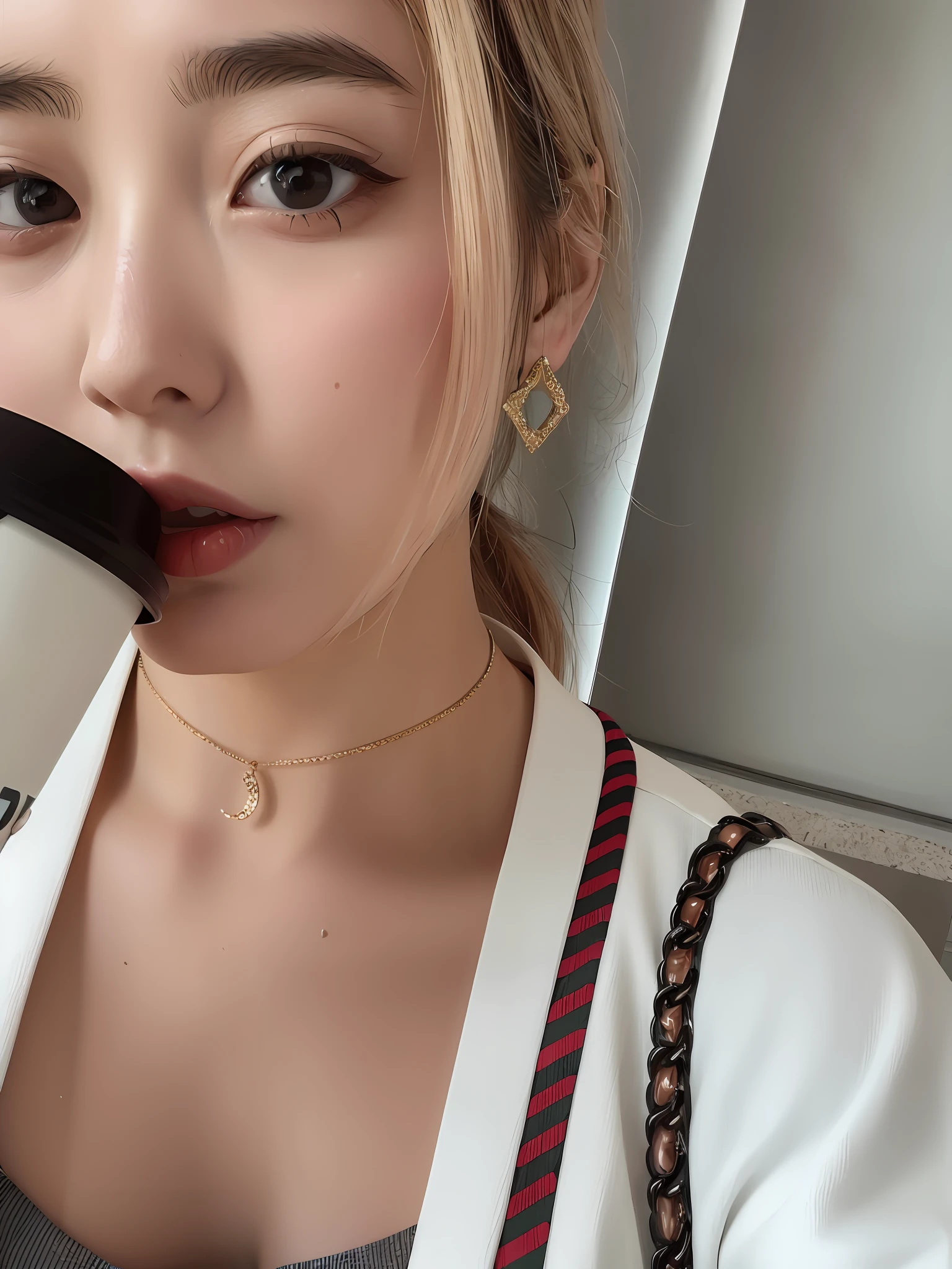 there is a woman holding a cup of coffee and a cell phone, 8k)), ulzzang, wearing gold detailed choker, heonhwa choe, 8 k ), sakimichan, wearing choker, 🚿🗝📝, 4k], 4 k ], 8k!!, 奈良美智, sun yunjoo