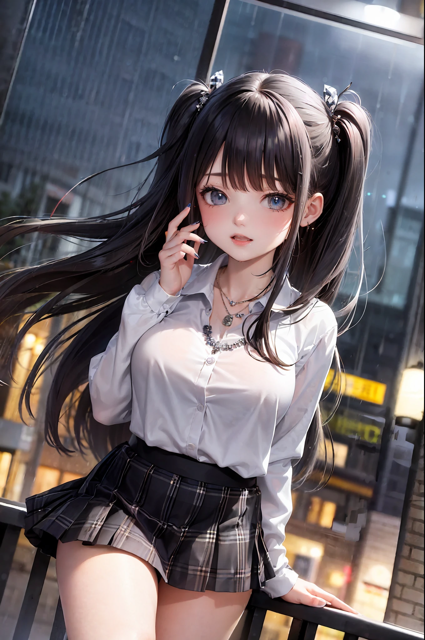 (8k, best quality, masterpiece: 1.2), 1girl, hair ornament, portrait, (school uniform, plaid skirt: 1.1), necklace, blue nails, cute, cityscape, night, rain, wet, professional lighting, photon mapping, radio, body display,(adult female:1.3), (intricate details, taut clothes, hair accessories: 1.2),