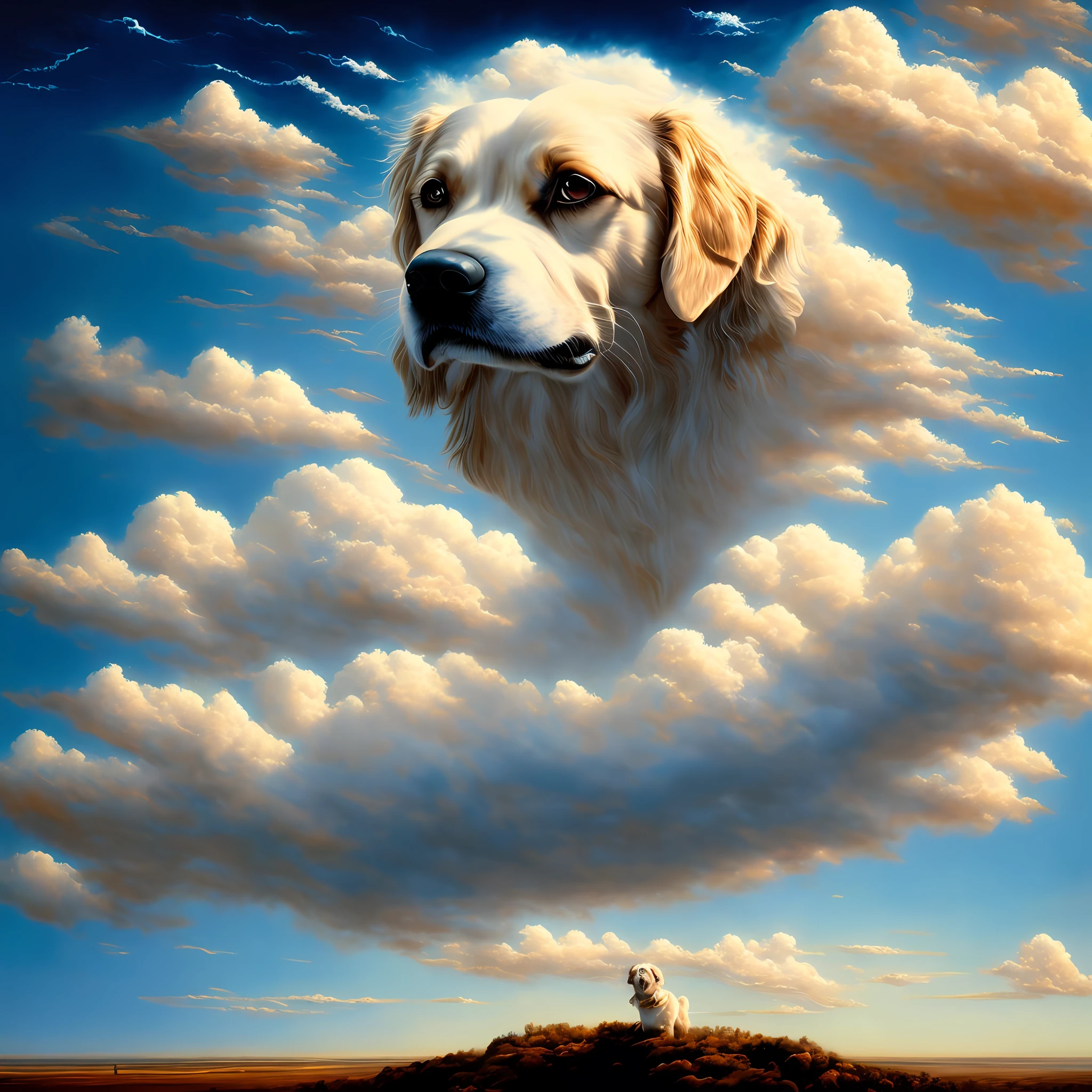 a beautiful painting of clouds in the sky that form the face of a dog, surrealist style, masterpiece, artwork painted by Jim Warren, panoramic camera, cinematic lighting.