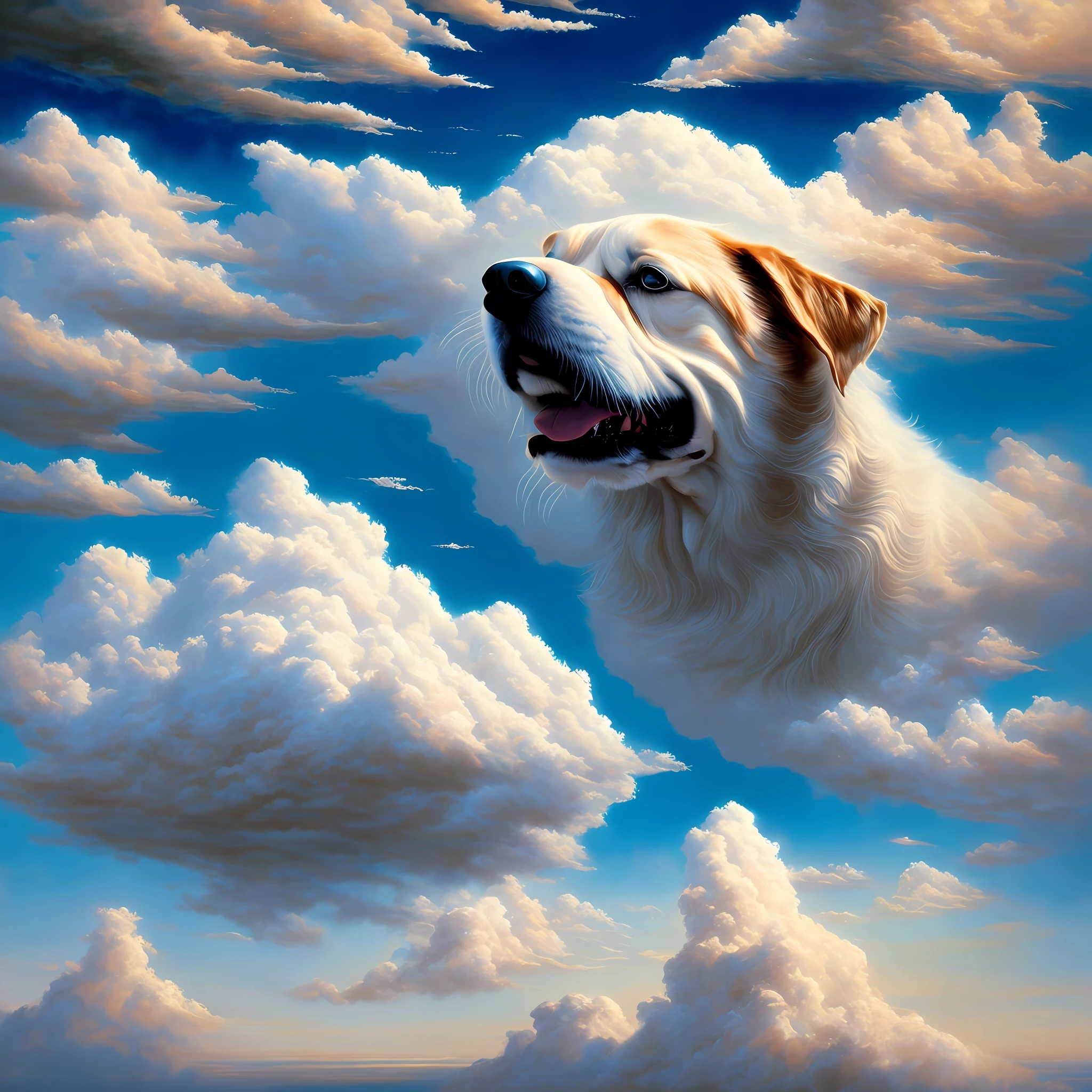 a beautiful painting of clouds in the sky that form the face of a dog, surrealist style, masterpiece, artwork painted by Jim Warren, panoramic camera, cinematic lighting.