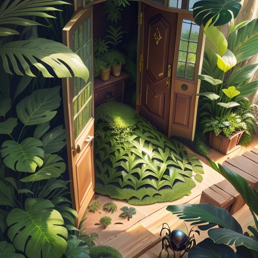 Anthill with front door, Ants, shiny green atlas beetles, forest floor, monstera plants, fantasy