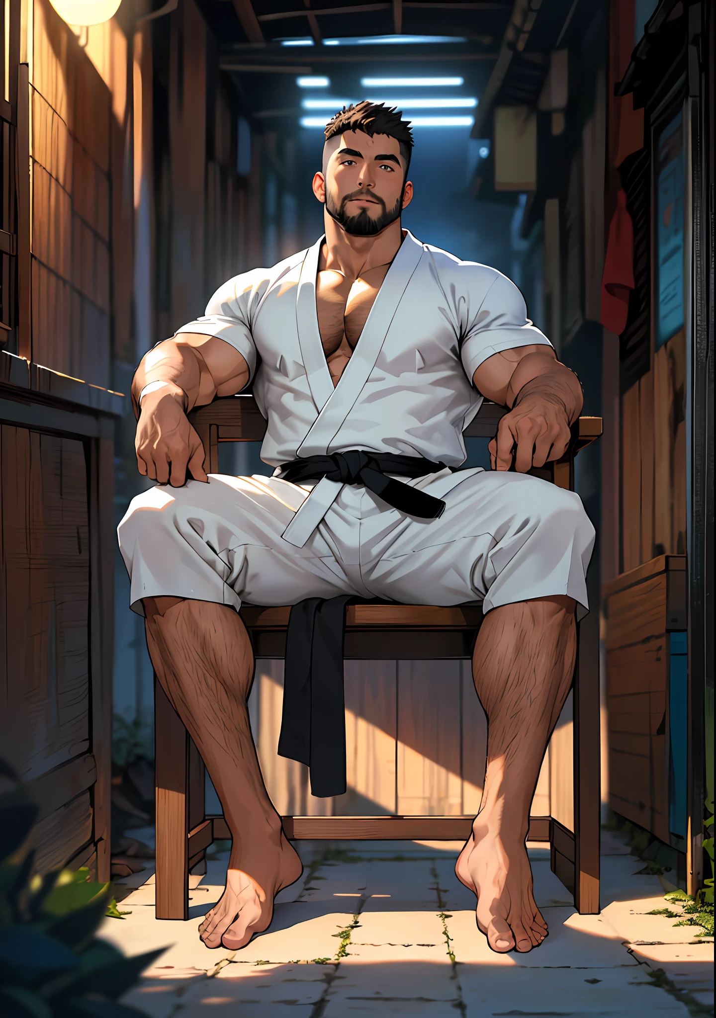 best quality, masterpiece, super high resolution, detailed background, realism, Illustrations, single, 1 boy, street, muscle, volumetric lighting, depth of field, facial hair, ryu, crew cut, (white clothes), sitting on chair, black belt, (raised crotch), barefoot