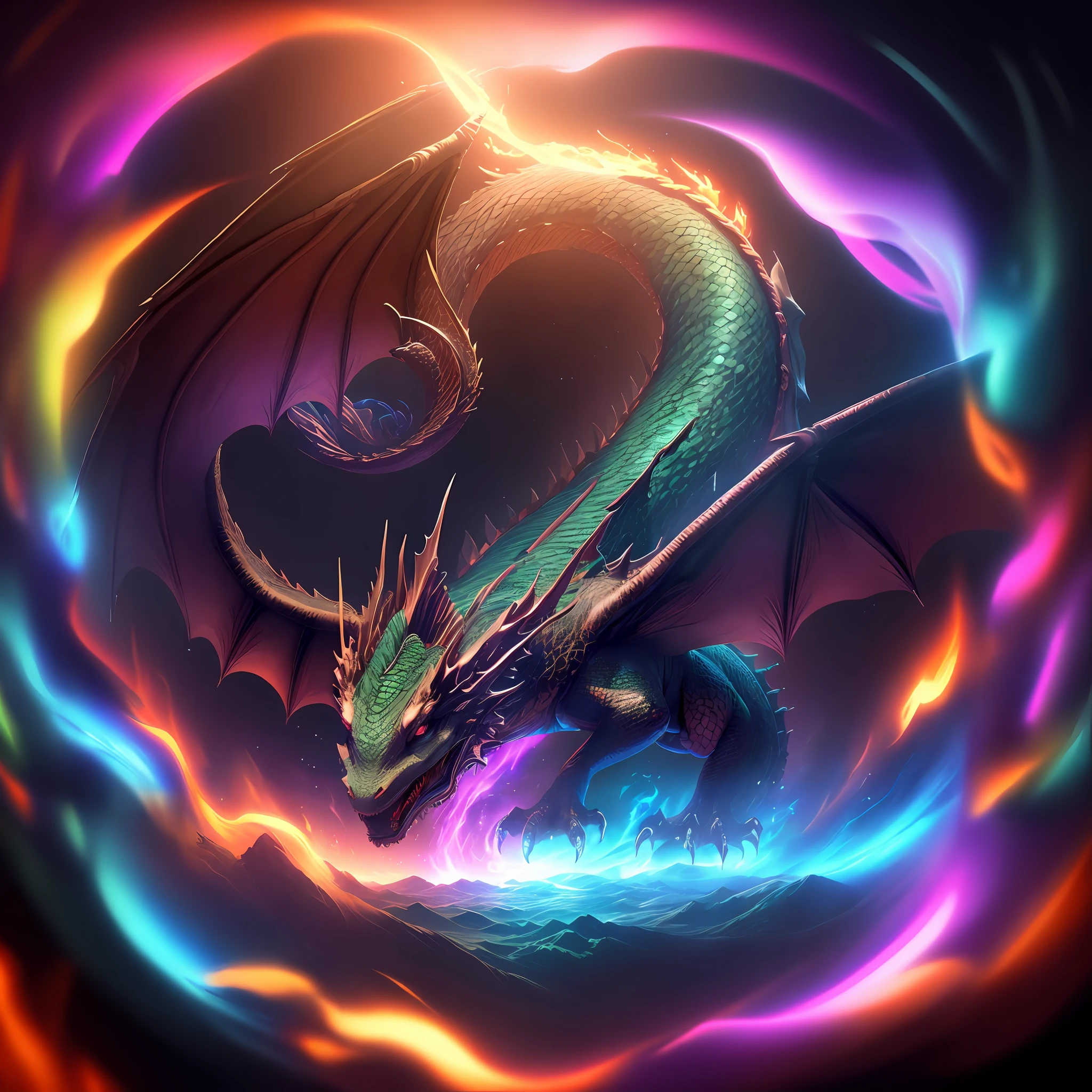 Dragon, various colors and effects, mystical background, 8k quality, cinematic focus, vivid colors