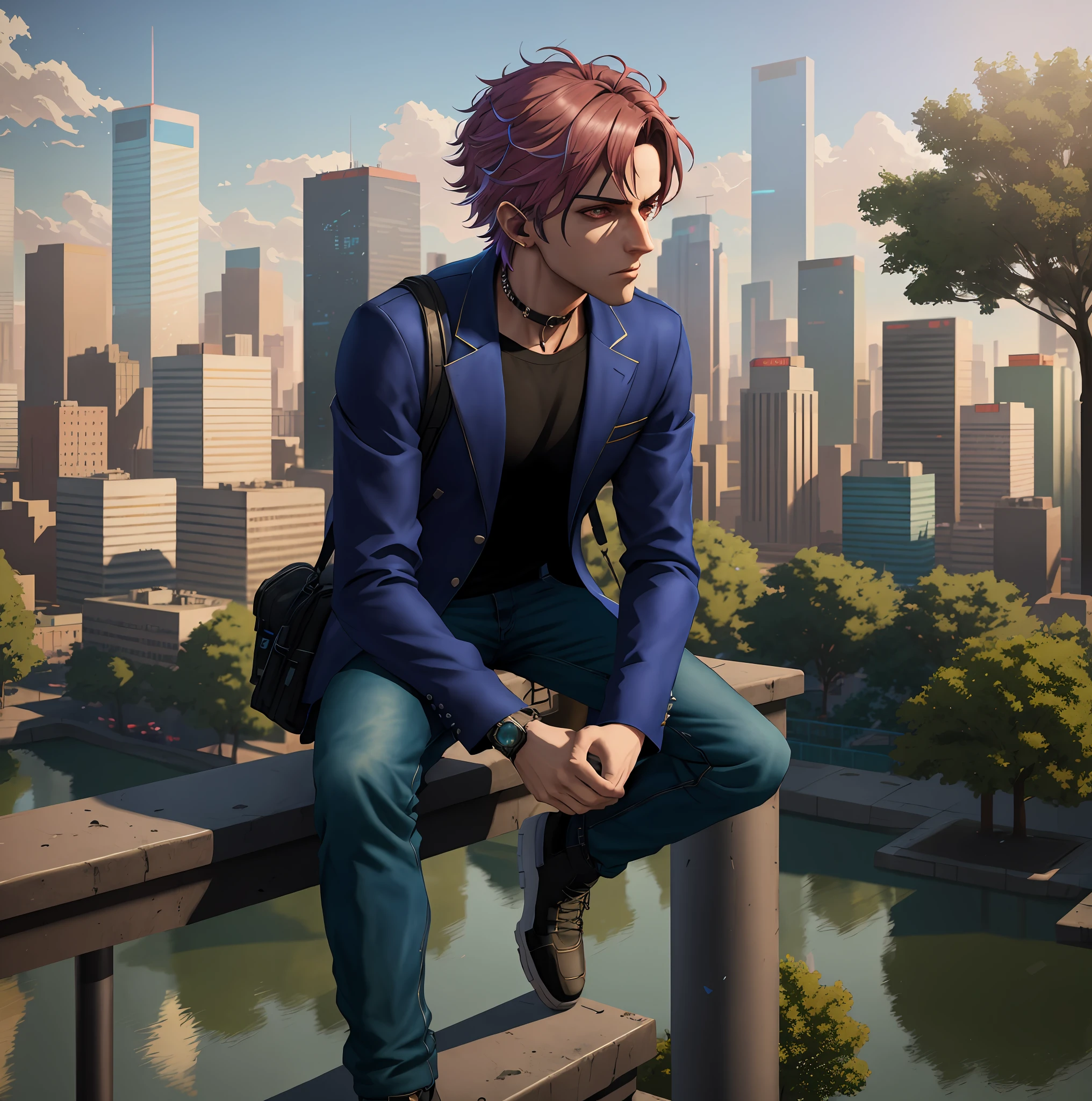 there is a man sitting on a ledge with a cyberpunk city in the background, realistic art style, stylized urban fantasy art, beautiful anime pose, overlooking a modern city, photorealistic art style, realistic 3d anime style, inspired by Jean Malouel, hero pose colorful city lighting, urban landscape anime style, soft anime cg art,  Anime realism style