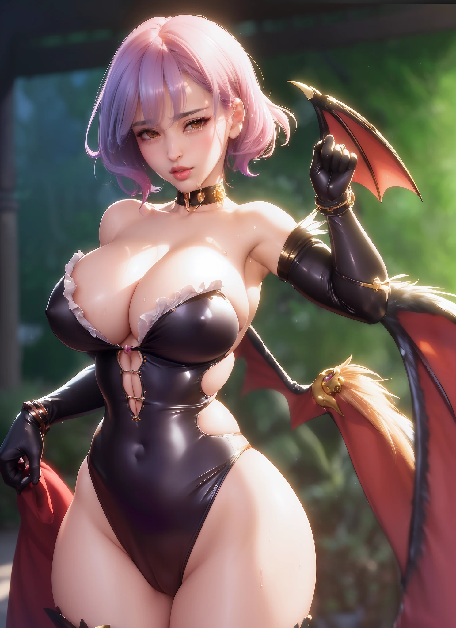 Closeup(1 girl), ((Beautiful photorealistic Morrigan from Darkstalkers)), signature hair, wings, signature outfit, blushing, slave, chained up, ((wearing a extremely revealing Inuyasha style Lolita waifu outfit)), Final Fantasy, major cleavage, breast indentation, slave collar, chains, bdsm, busty, highly detailed, 8k, high resolution, solo, big juicy lips, thick juicy defined thighs, wide sexy hips, thick juicy ass, hair ornament, large shiny breasts, gloves, looking at viewer, photorealistic, Cinema 4D, octane render, curvy but slender, ((use advanced machine learning to create the perfect waifu)), ((massive wet exposed camel toe)), ((trending on Pixiv)), trending on civitai, perfect composition, sfw, professional quality, unreal engine(best quality),(highly detailed),(masterpiece),(ultra-detailed),(absurdres),(((artbook))),((8k_wallpaper)) petite, juicy, aroused, crying, sad, blushing, dynamic pose, dynamic angle, high res, human ears