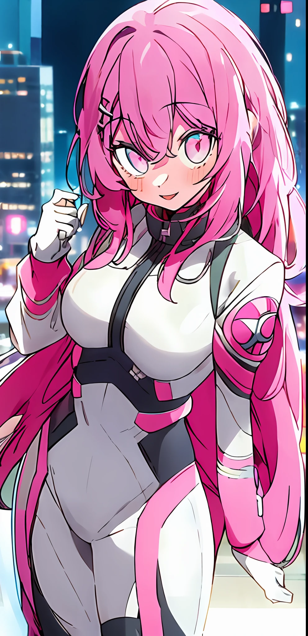 1girl, solo, my hero academia hero suit , bangs,happy,posing, multicolored hair, (masterpiece:1.2), highres, best quality, 8k, night city background, pink hero suit, white gloves, super hero tight suit, shooting star