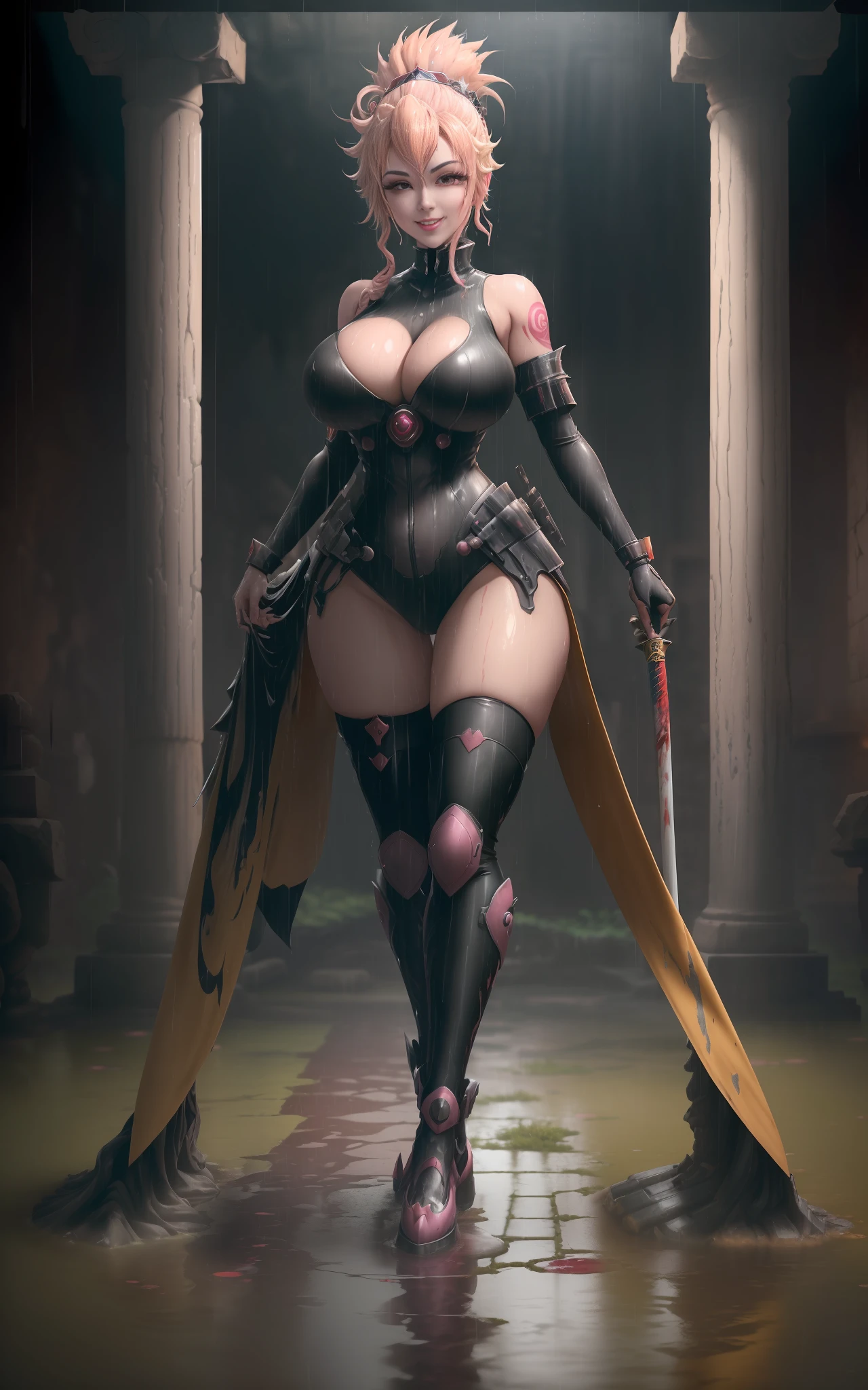 ((1Princess Peach/cybernetic suit/Ninja/huge breasts/Mohawk hair/full body tattoos/Katana/covered in a lot of blood on the outfit and the whole body,Unreal Engine 5, Anime Style, Masterpiece, Max Resolution/Sharpness/Quality/Detail, staring at the viewer/smiling/clothing and body all wet, in a macabre ancient temple with extremely heavy rain with half-flooded ground.